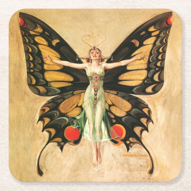 Flapper Butterfly Flies Woman Illustration Underlägg Papper Kvadrat (Framsidan)