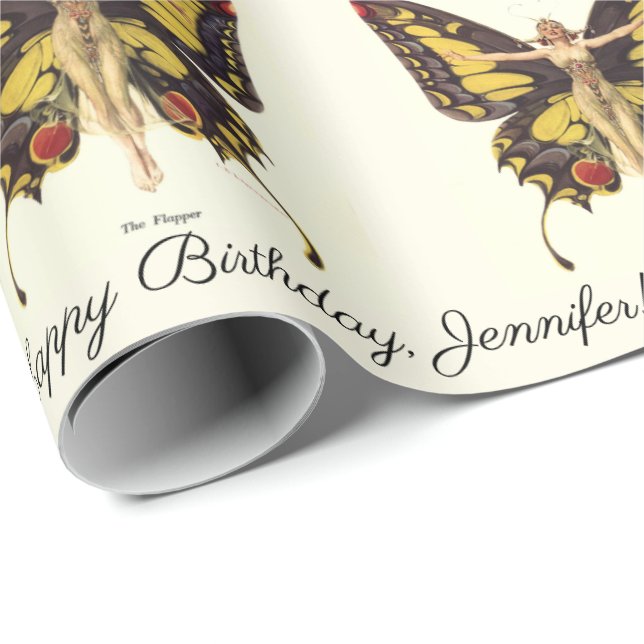 Flapper Butterfly Personalize Namn Birthday Presentpapper (Rullad Hörn)