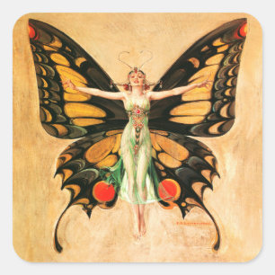 Flapper Fjäril Flygande Kvinna Illustration Fyrkantigt Klistermärke
