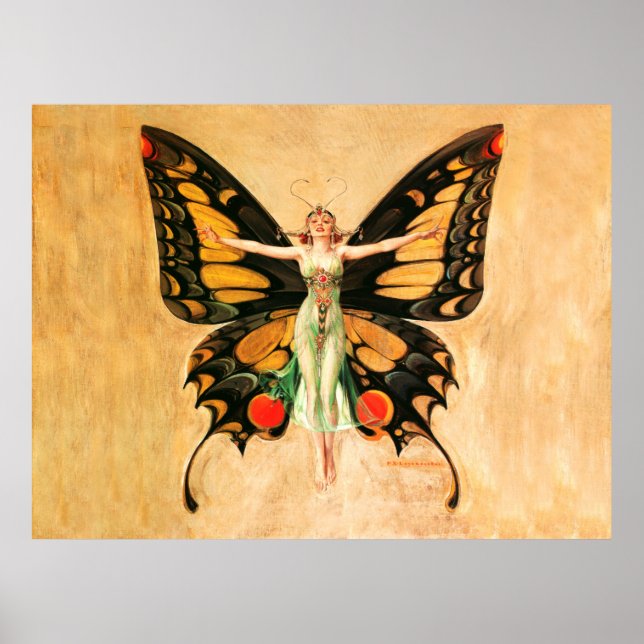 Flapper Fjäril Flygande Kvinna Illustration Poster (Framsidan)