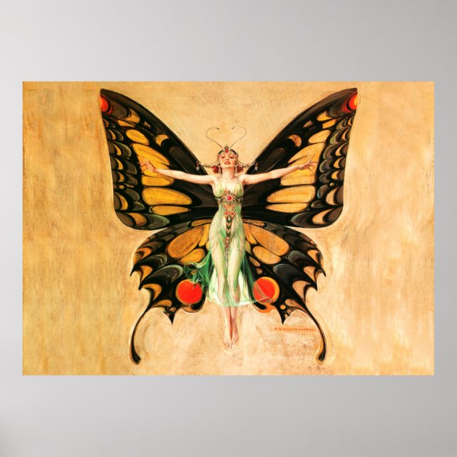 Flapper Fjäril Flygande Kvinna Illustration Poster (Framsidan)