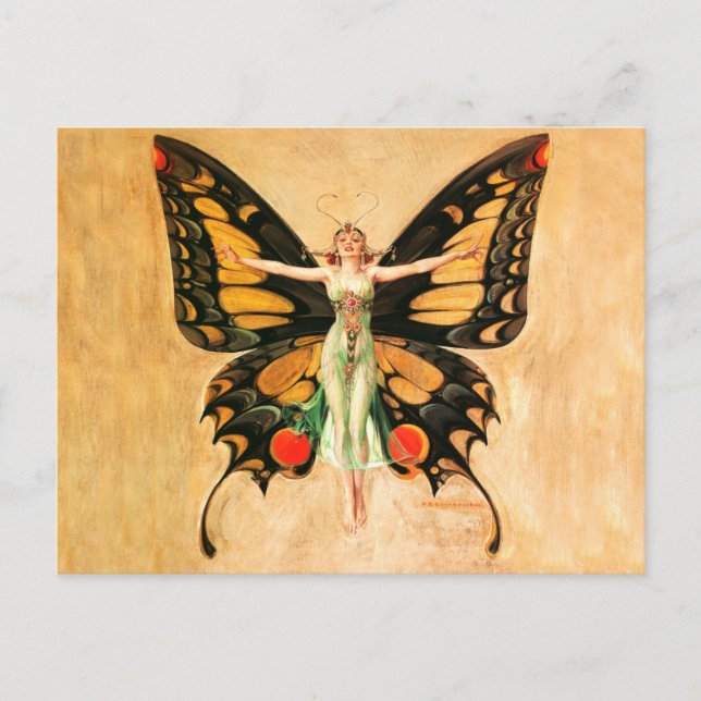 Flapper Fjäril Flygande Kvinna Illustration Vykort (Framsida)