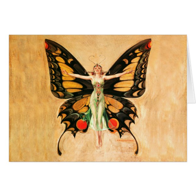 Flapper Fjäril Leyendecker Kvinna Illustration Hälsningskort (Framsidan Horizontal)