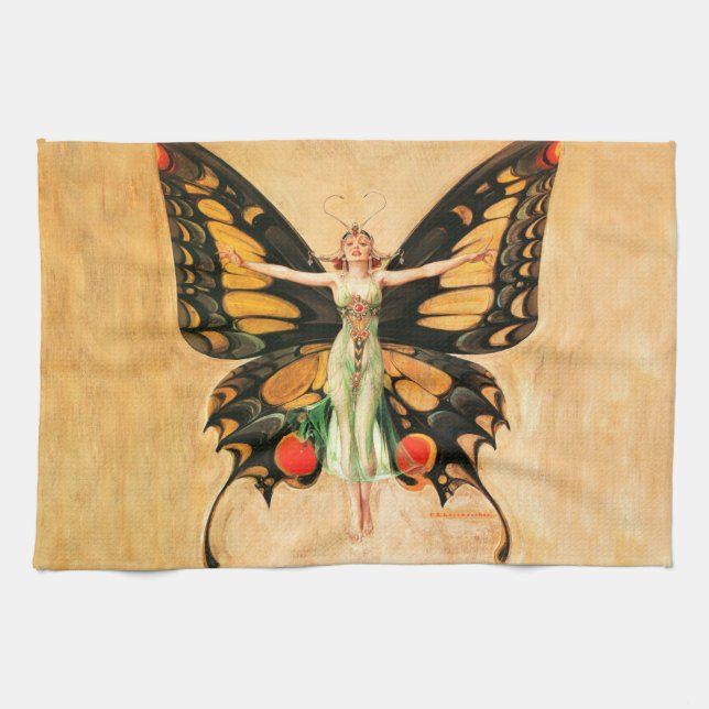 Flapper Fjäril Leyendecker Kvinna Illustration Kökshandduk (Horisontell)