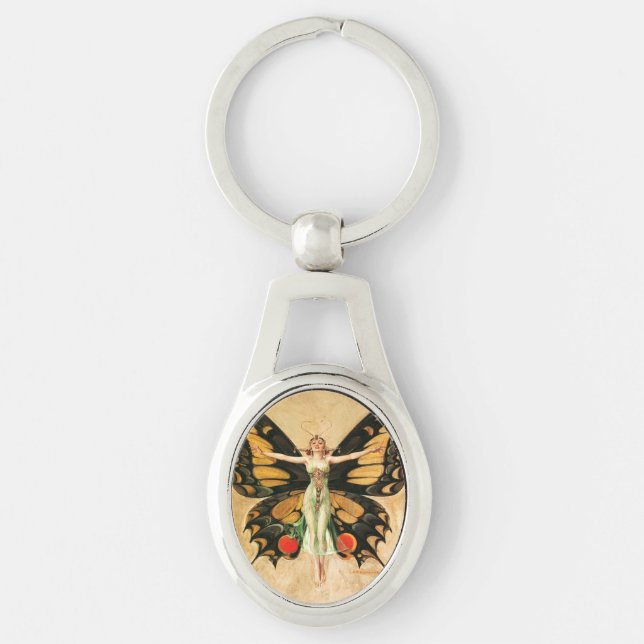 Flapper Fjäril Leyendecker Kvinna Illustration Ovalt Silverfärgad Nyckelring (Framsidan)