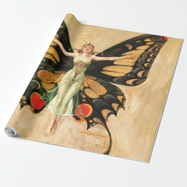 Flapper Fjäril Leyendecker Kvinna Illustration Presentpapper (Utrullad)