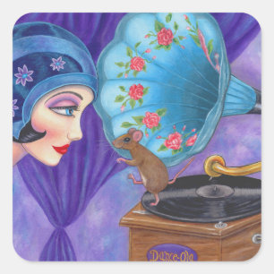 Flapper Girl Roaring Twenties Mouse Gramophone Fyrkantigt Klistermärke