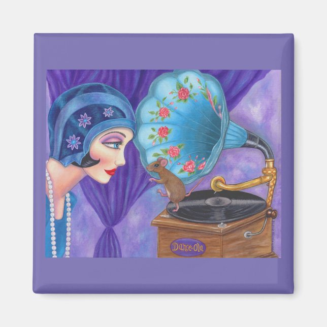 Flapper Girl Roaring Twenties Mouse Gramophone Magnet (Framsidan)