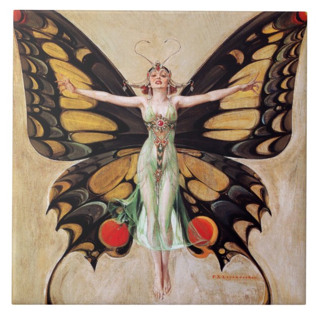 Flapper Girl's Metamorphosis to Butterfly 1922 Kakelplatta (Framsidan)