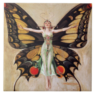 Flapper Girl's Metamorphosis to Butterfly 1922 Kakelplatta