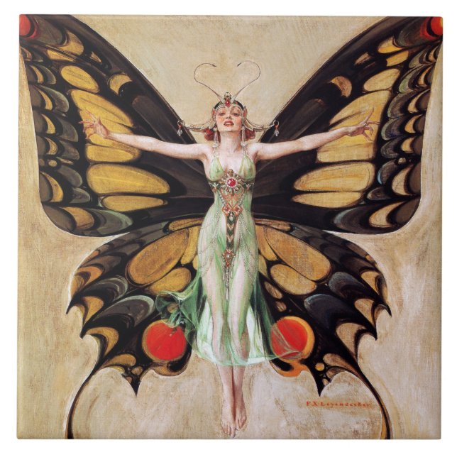 Flapper Girl's Metamorphosis to Butterfly 1922 Kakelplatta (Framsidan)