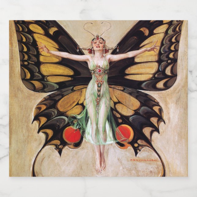Flapper Girl's Metamorphosis to Butterfly 1922 Ölflaska Etikett (Singel etikett)
