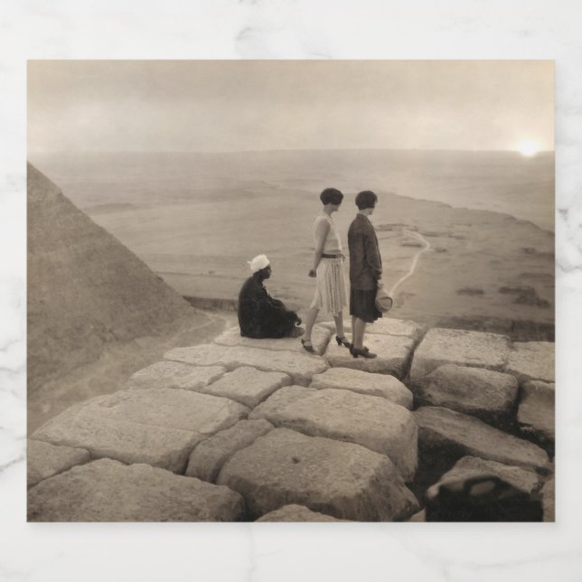 Flapper Girls Sunrise Khufu Pyramid, Egypten 1920 Ölflaska Etikett (Singel etikett)