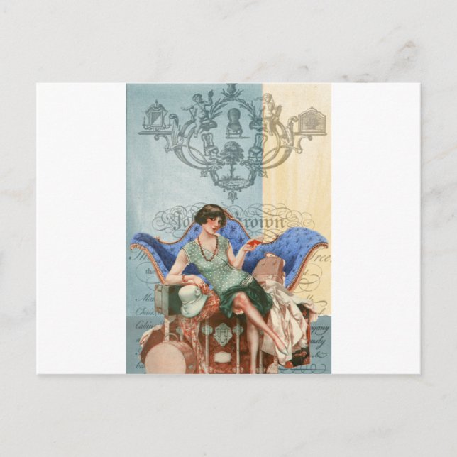 Flapper med resväskor, 1920-års rese- och konsthan vykort (Framsida)