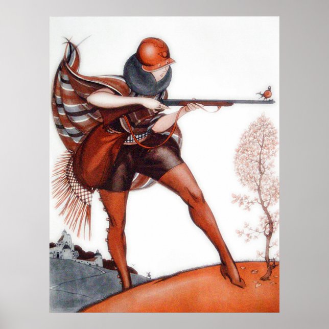 Flapper Woman i Cloche Hat Bird Hunting Poster (Framsidan)