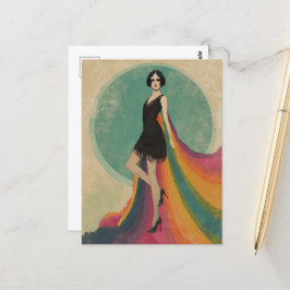 Flapper Woman i en regnbåge Kap- och svart klännin Vykort