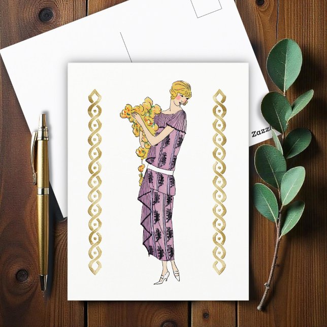 Flapperkvinna med blomma. vykort (Skapare uppladdad)