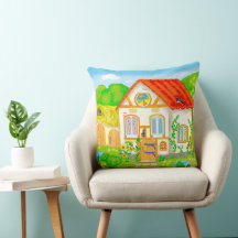 Flärytalhus med röd tak och tecknad