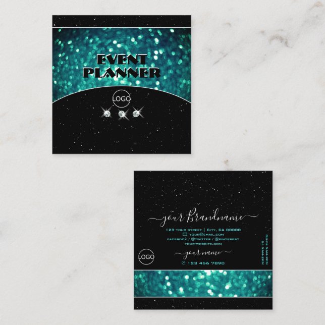 Flashy Black and Teal Sparkling Glitter med Logoty Fyrkantigt Visitkort (Fram/baksida)
