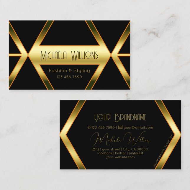 Flashy Black Geometric och Shimmery Golden Elegant Visitkort (Fram/baksida)