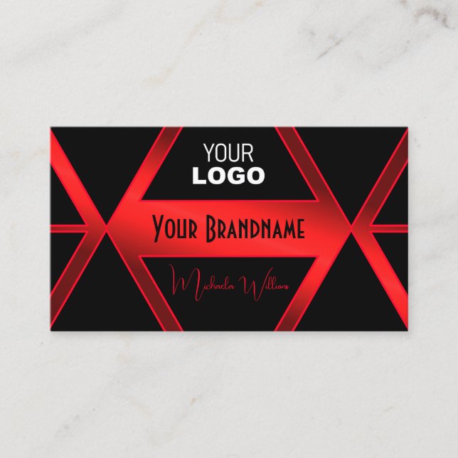 Flashy Black Geometric Shimmery Red-Chic med Logot Visitkort (Framsida)
