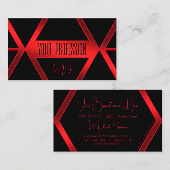 Flashy Black Geometric Shimmery Red med Monogram Visitkort (Fram/baksida)