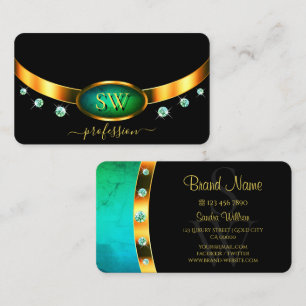 Flashy Black Guld Teal Marble Monogram Diamonds Visitkort