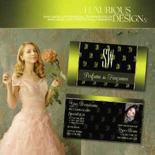 Flashy Black Gult med Photo and Chic Monogram Visitkort