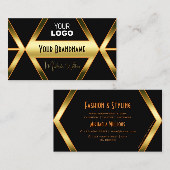 Flashy Black och Shimmery Golden med Logotyp Snygg Visitkort (Fram/baksida)