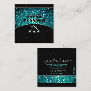 Flashy Black Teal Sparkling Glitter med Monogram Fyrkantigt Visitkort