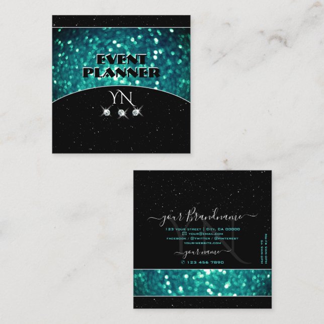 Flashy Black Teal Sparkling Glitter med Monogram Fyrkantigt Visitkort (Fram/baksida)
