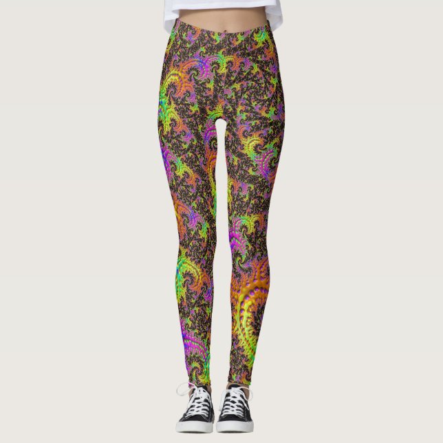 Flashy Colorful Spiral Abstrakt Digital Fractal Leggings (Framsida)