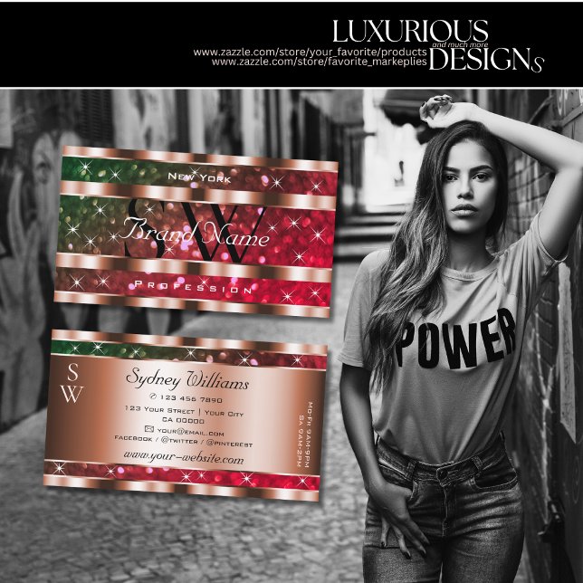 Flashy Grönt Rosa Glitter Stars Monogram Ro Guld Visitkort (Skapare uppladdad)