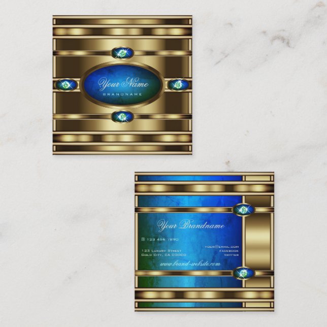 Flashy Guld med Blue Teal Gradient Marble Mönster Fyrkantigt Visitkort (Fram/baksida)