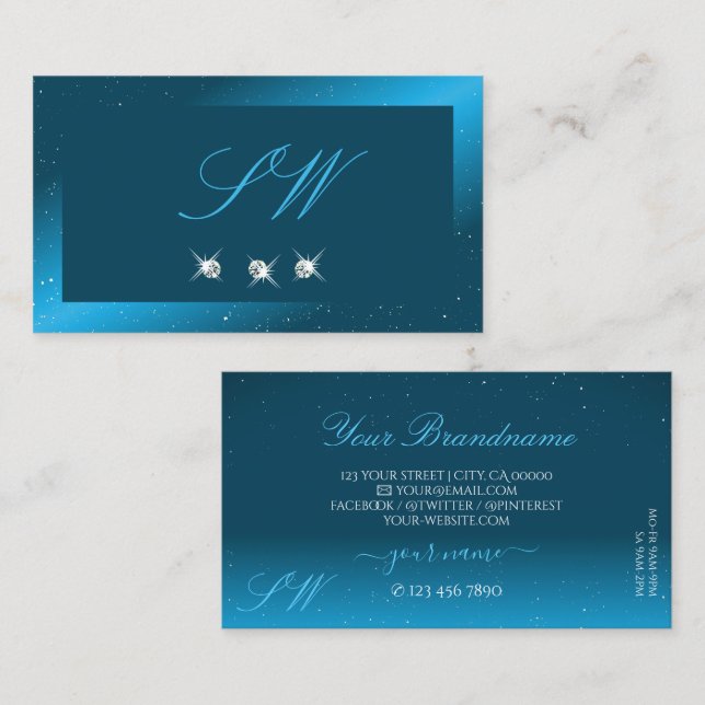Flashy Shimmery Teal Sparkling Diamonds Monogram Visitkort (Fram/baksida)