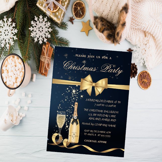 Flask Champagneglas, Julfest med Guld Båge Inbjudningar (Skapare uppladdad)