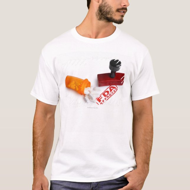 Flaska av Pills och ett GODKÄNT rubber frimärke T-shirt (Framsida)