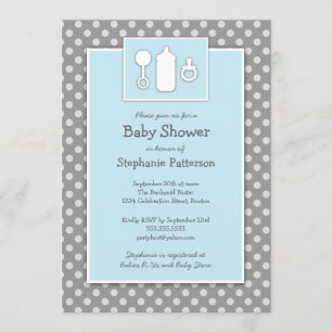 Flaska Binky Rattle Baby Shower Blue och Grått Inbjudningar