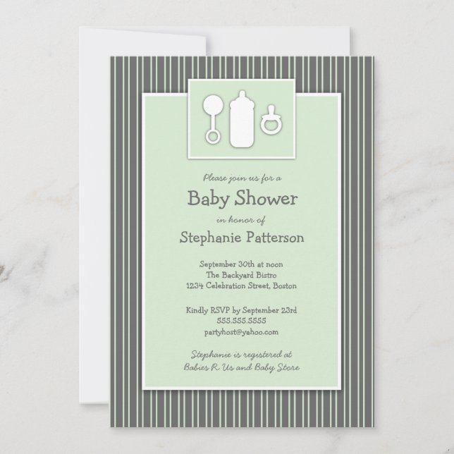 Flaska Binky Rattle Baby Shower Mint & Grått Inbjudningar (Framsida)