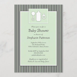 Flaska Binky Rattle Baby Shower Mint & Grått Inbjudningar