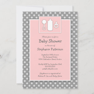 Flaska Binky Rattle Baby Shower Rosa & Grått Inbjudningar