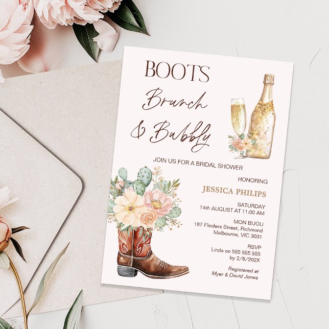 Flaska  Boots Brunch Bubly Möhippa Inbjudningar (Boots Brunch and Bubbly Bridal Shower invitation Template, Cactus Floral Cowboy Boots Bridal Shower )