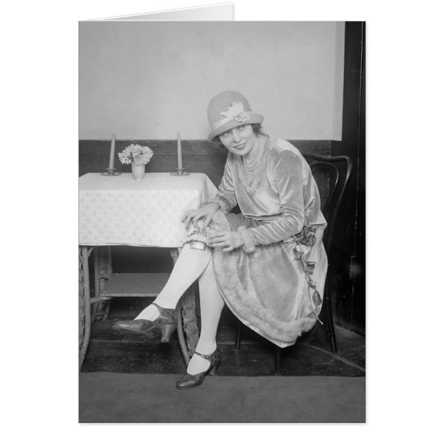 Flaska dold i strumpeband, 1926 hälsningskort (Framsidan)