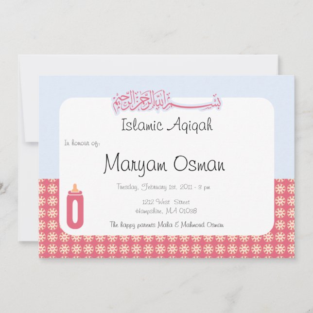 Flaska för bebis för islamAqiqah inbjudan gullig (Framsida)