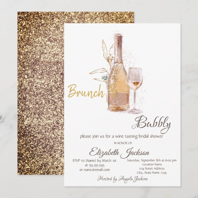 Flaska Glas, Glitter Bröllopsdusch  Inbjudningar (Fram/baksida)