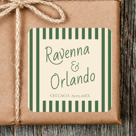 Flaska Gröna Ränder Retro Minimalistisk Bröllop Fyrkantigt Klistermärke