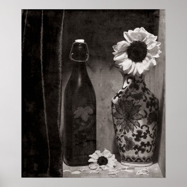 Flaska och Flower Vas i Black and White Poster (Framsidan)
