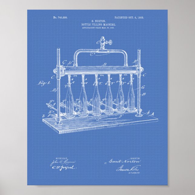 Flaska som fyller Maskin 1903 Patent Art Blueprint Poster (Framsidan)