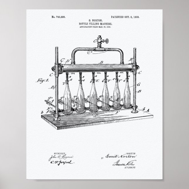 Flaska som fyller Maskin 1903 Patent Art White Pap Poster (Framsidan)