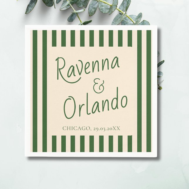 Flaskgröna Randiga Retro Minimalistisk Bröllop Pappersservett (Skapare uppladdad)